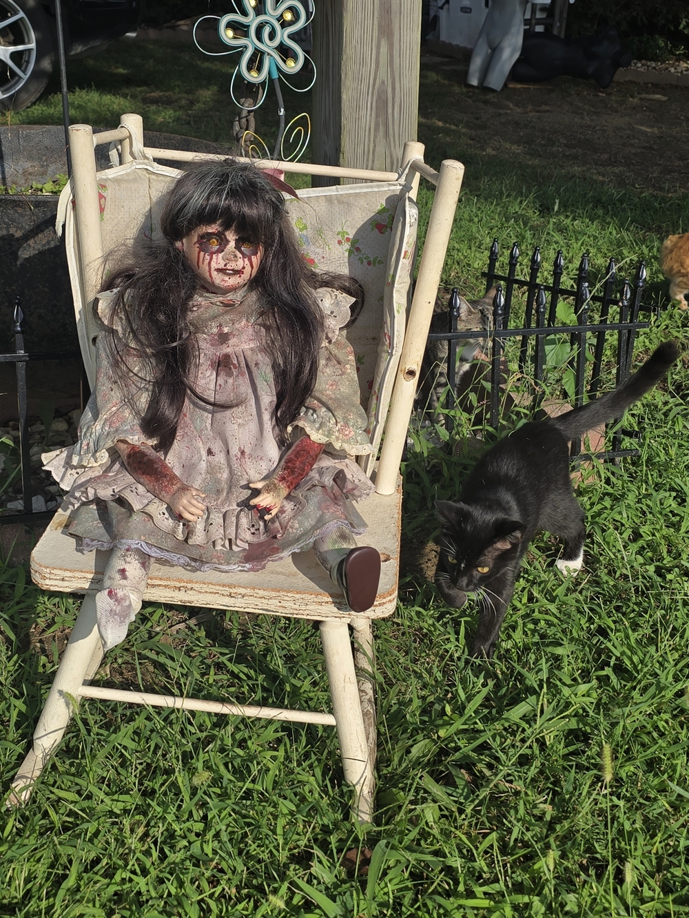 Spooky Doll Halloween Decor - Bloody Porcelain Girl in Gray Dress